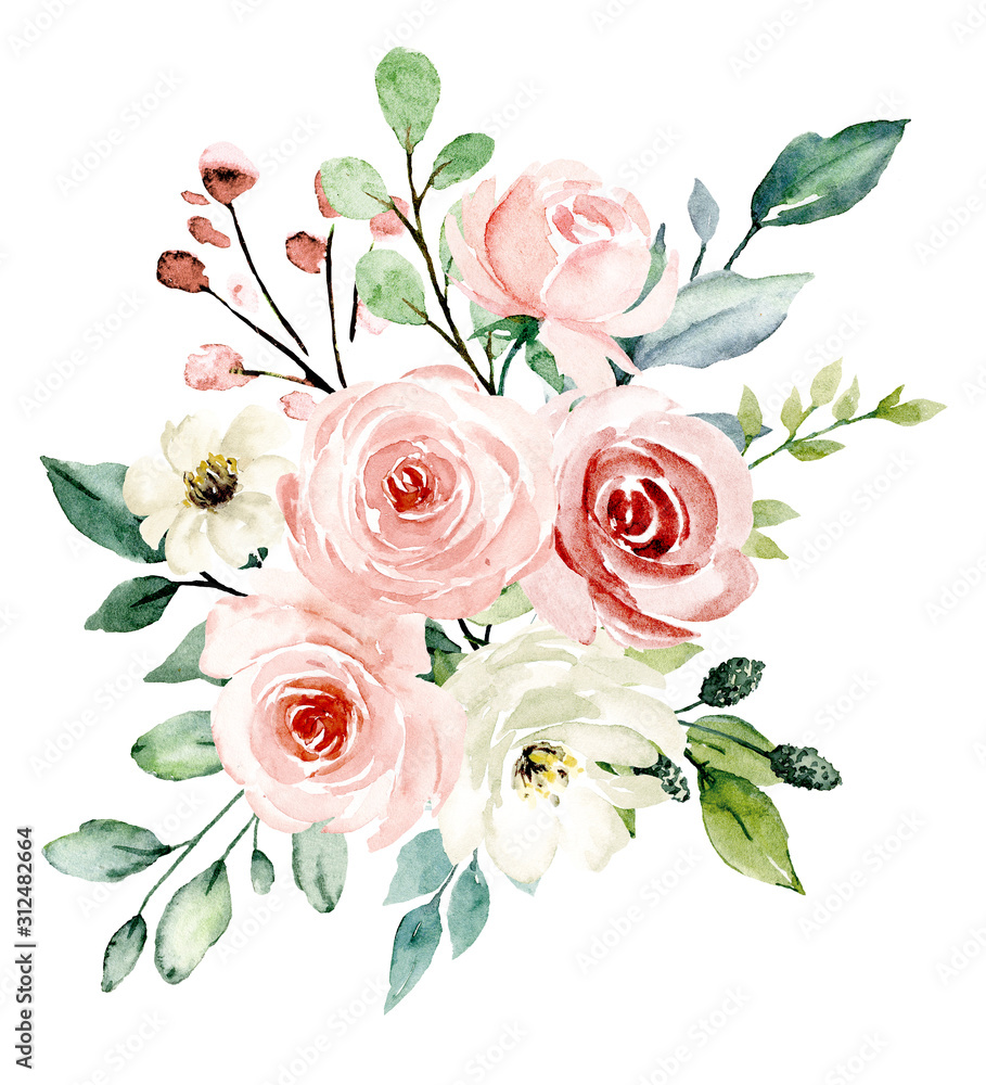 Blush flowers watercolor, floral clip art. Pink bouquet roses perfectly for printing design on wedding invitation, greeting card, wall art and other. Hand painting. Isolated on white background.  - obrazy, fototapety, plakaty 