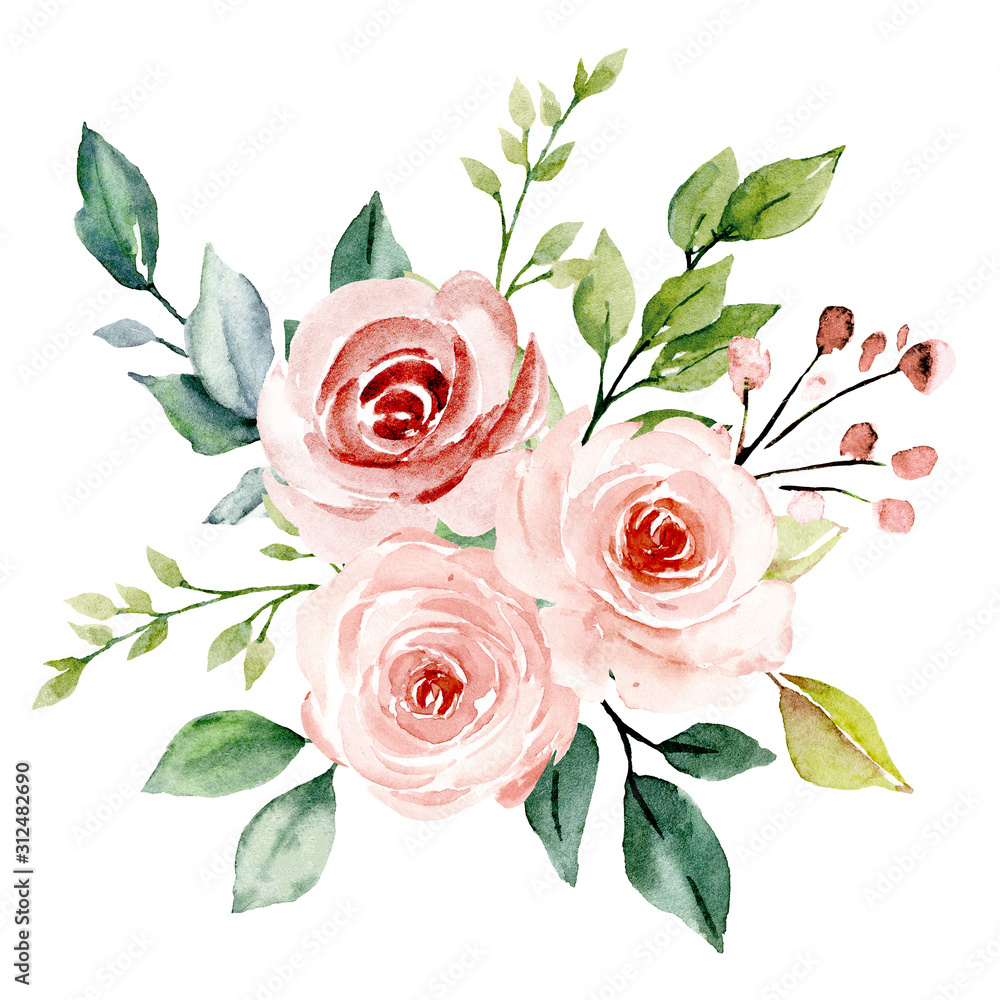 Blush flowers watercolor, floral clip art. Pink bouquet roses perfectly for  printing design on wedding invitation, greeting card, wall art and other.  Hand painting. Isolated on white background. Stock Illustration | Adobe