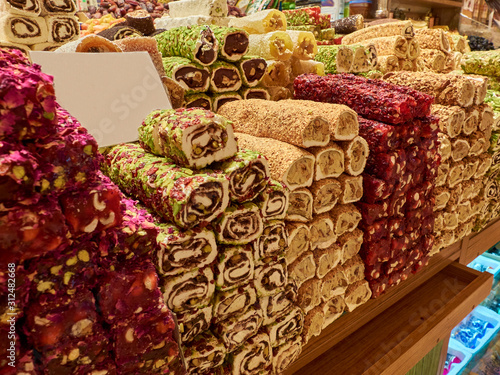 Traditional turkish delights at the market counter photo