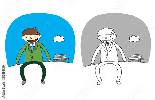 School life.A student sitting next to a book.A student who enjoys school life.