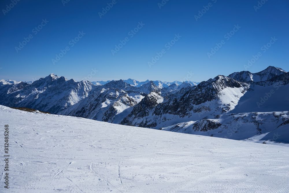 Stubaier gletscher, Austria - February 17, 2019 - In Austria’s largest glacier ski area winter sports. Perfect area for all winter activities