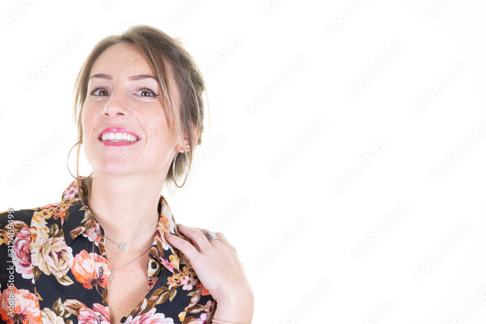 Young woman looking at the copy-space aside white background Young woman looking at the copy-space aside white background