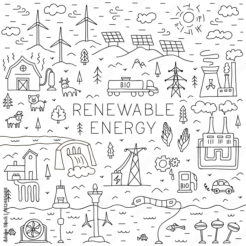 Renewable Energy Vector Hand drawn Illustration On The Topic Of