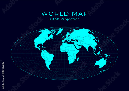Map of The World. Aitoff projection. Futuristic Infographic world illustration. Bright cyan colors on dark background. Appealing vector illustration.