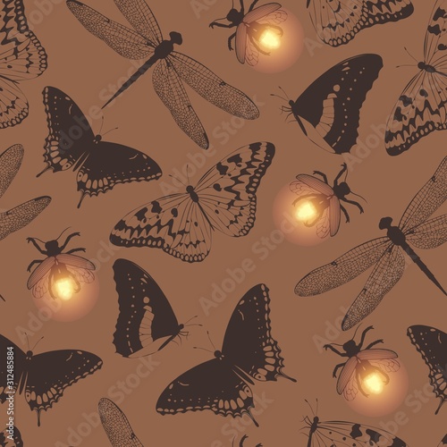 Vector seamless pattern with butterfly and firefly