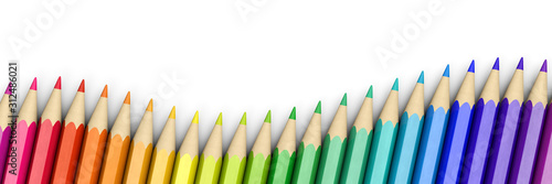 Viele Buntstifte in Wellenform mit weißem Hintergrund
