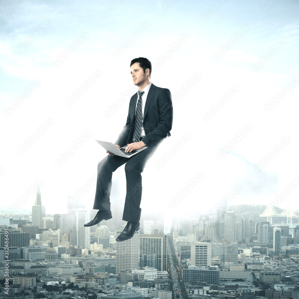 Businessman with laptop sitting on cloud Businessman with laptop sitting on cloud