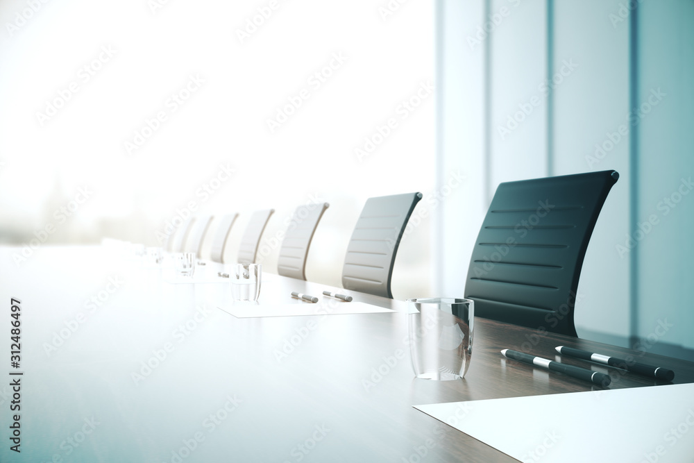 Table with equipment in conference room. - obrazy, fototapety, plakaty 