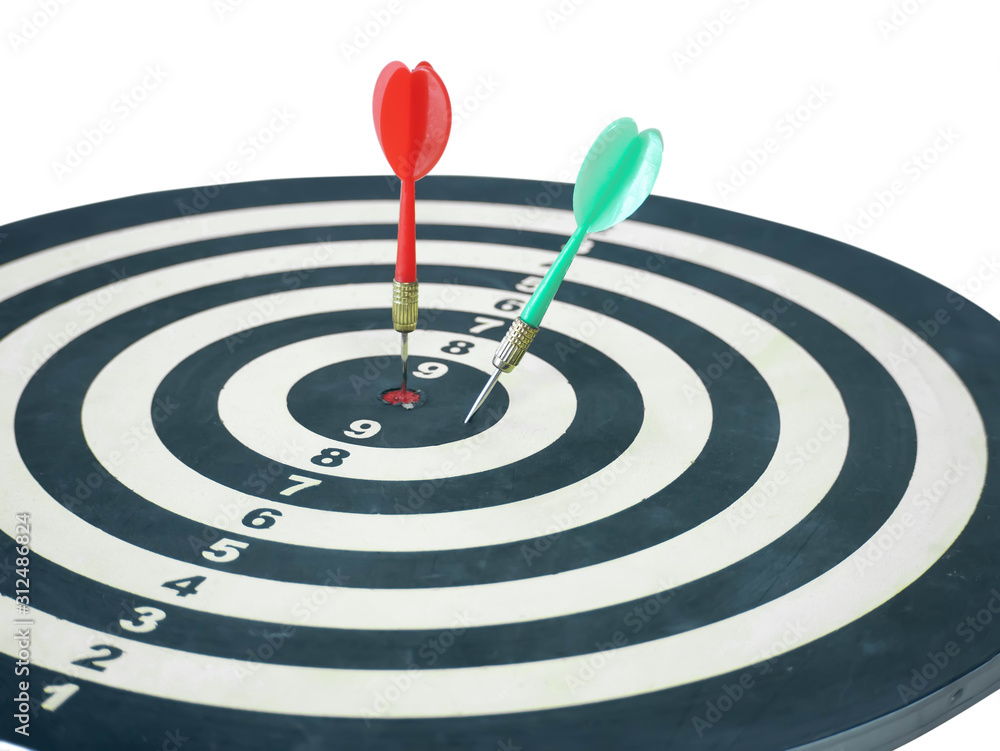 Red and Green dart target arrow hitting on bullseye which is the ultimate goal that everyone wants, Target marketing and business success concept Red and Green dart target arrow hitting on bullseye which is the ultimate goal that everyone wants, Target marketing and business success concept
