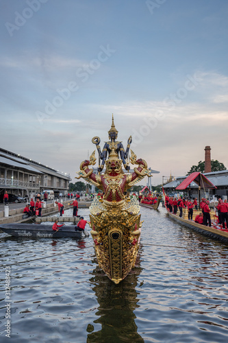 Bangkok / Thailand - November 19 2019: The grand royal barge procession for Coronation of King Rama X. Suphannahong Suphan Swan boat or Suphannahong boat in Chao Phraya river at Bangkok Thailand