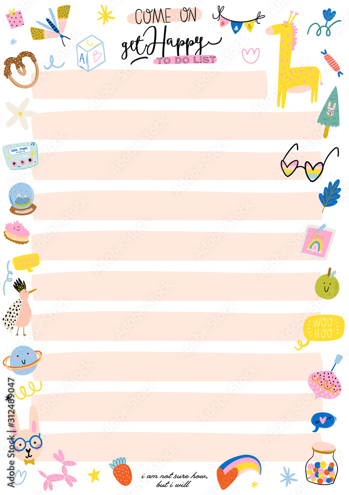 Collection of weekly or daily planner, note paper, to do list, stickers templates decorated by cute kids illustrations and inspirational quote. School scheduler and organizer. Flat vector Collection of weekly or daily planner, note paper, to do list, stickers templates decorated by cute kids illustrations and inspirational quote. School scheduler and organizer. Flat vector