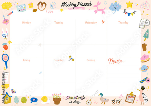 Collection of weekly or daily planner, note paper, to do list, stickers templates decorated by cute kids illustrations and inspirational quote. School scheduler and organizer. Flat vector