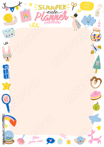 Collection of weekly or daily planner, note paper, to do list, stickers templates decorated by cute kids illustrations and inspirational quote. School scheduler and organizer. Flat vector