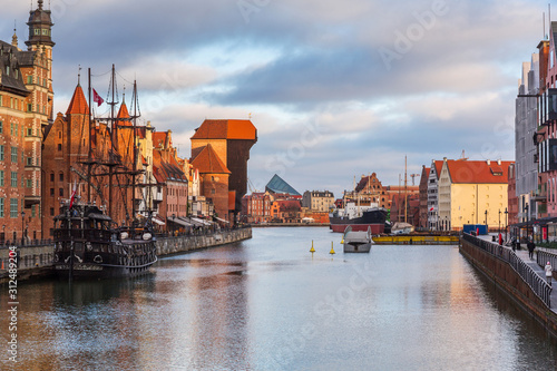 Beautiful architecture of Gdansk city over Motlawa river, Poland.