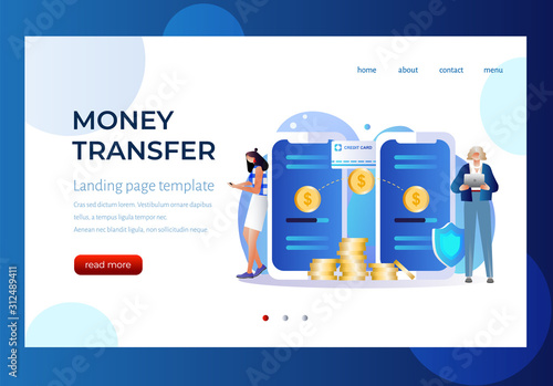 Online money transfer, mobile payments vector illustration concept with smartphone and wallet. Landing page template.