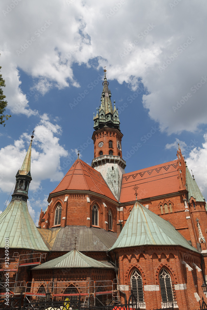 St. Joseph's Church built from red brick. Gothic architecture in Krakow, Poland.