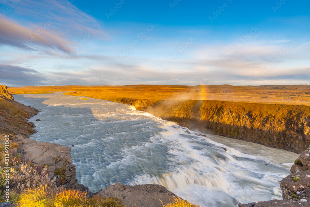 Gullfoss waterfall seen from afar with no people, Iceland Gullfoss waterfall seen from afar with no people, Iceland