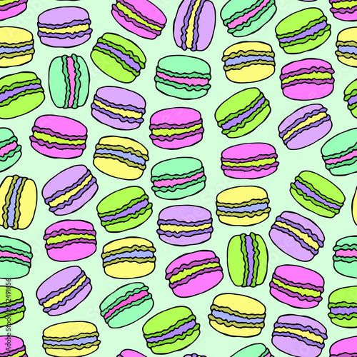 Colorful Pastel Macarons Pastry Bakery Food Doodle Cartoon Vector Illustration Outline Seamless Pattern Print Isolated Elements Mint Background