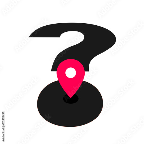 Location pin and question mark - disorientated navigation is lost and unable to navigate and locate position, spot and place. Vector illustration isolated on white.