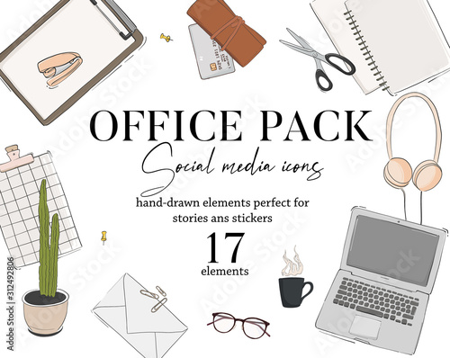 Modern hand-drawn office ack icons: headphones, laptop, notebook, files, folders flatlay concept. Business or study vector set, Work social media sketch art, busy office supply elements