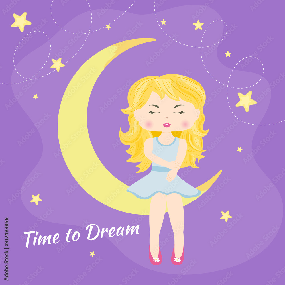 Lovely beautiful little girl sitting on the moon. Stock Vector | Adobe ...