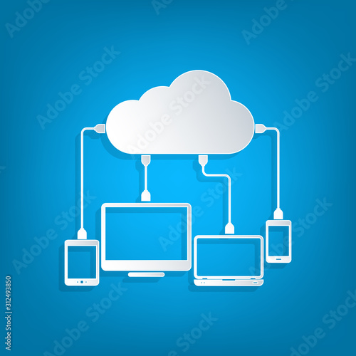 Cloud computing. Devices connected to a cloud and network server.