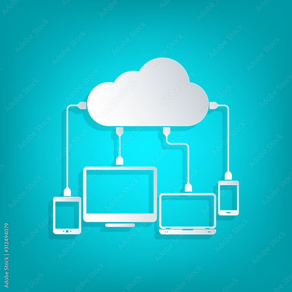 Cloud computing. Devices connected to a cloud and network server. Cloud computing. Devices connected to a cloud and network server.
