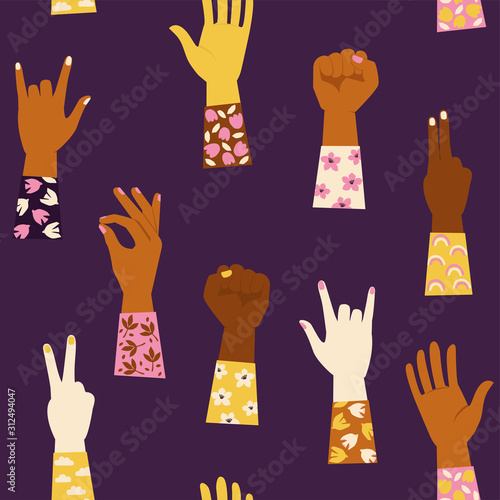 Seamless pattern with various hands gestures background.