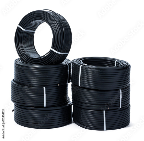 Coils of black cable isolated on white background