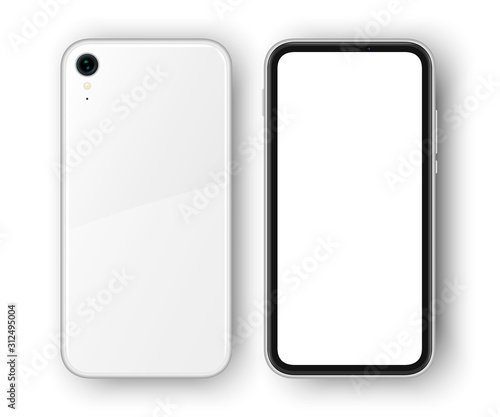 High detailed realistic smartphone mockup. Cell phone isolated. Back and front sides of realistic frameless phone with shadow on the background.