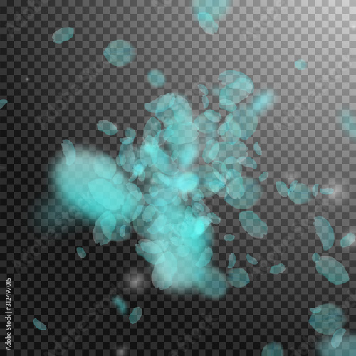 Turquoise flower petals falling down. Favorable ro