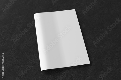 Blank brochure or booklet cover mock up on black background. Isolated with clipping path around brochure. Side view. 3d illustratuion