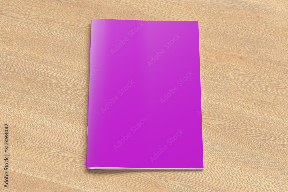 Magenta brochure or booklet cover mock up on wooden background. Isolated with clipping path around brochure. Side view. 3d illustratuion Magenta brochure or booklet cover mock up on wooden background. Isolated with clipping path around brochure. Side view. 3d illustratuion