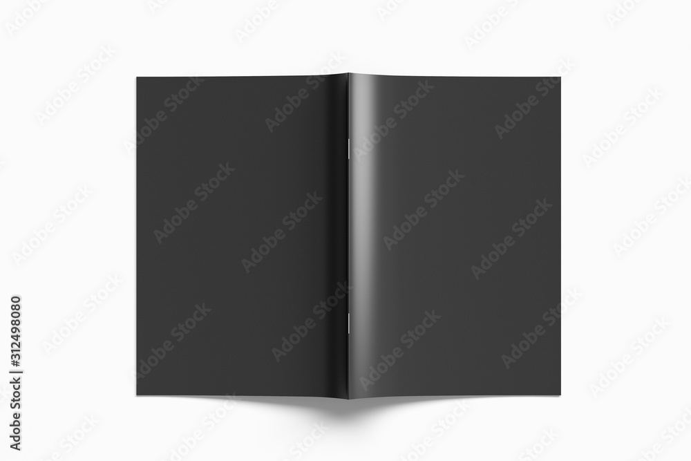 Black brochure or booklet cover mock up on white. Brochure is open and upside down. Isolated with clipping path around brochure. View above. 3d illustratuion Black brochure or booklet cover mock up on white. Brochure is open and upside down. Isolated with clipping path around brochure. View above. 3d illustratuion
