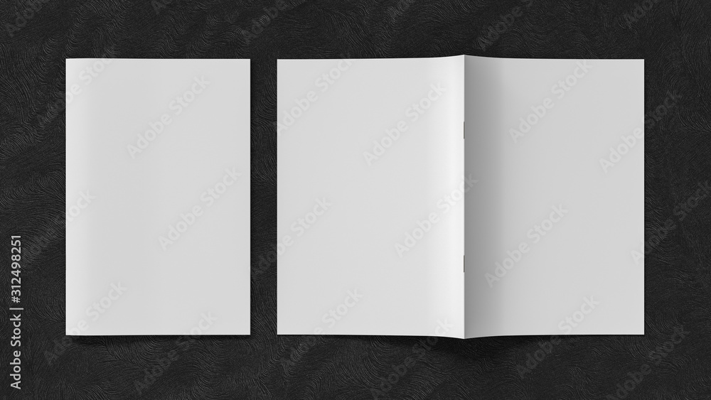Vertical brochure or booklet cover mock up on black background. Closed one brochure and upside
