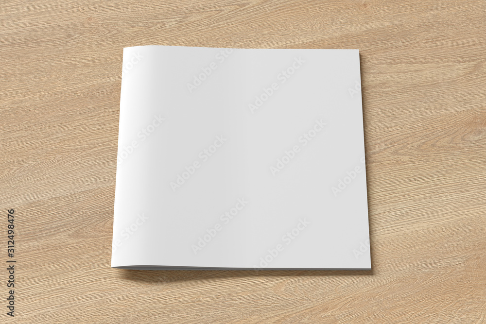 Square brochure or booklet cover mock up on wooden background. Isolated with clipping path around brochure. Front view. 3d illustratuion Square brochure or booklet cover mock up on wooden background. Isolated with clipping path around brochure. Front view. 3d illustratuion