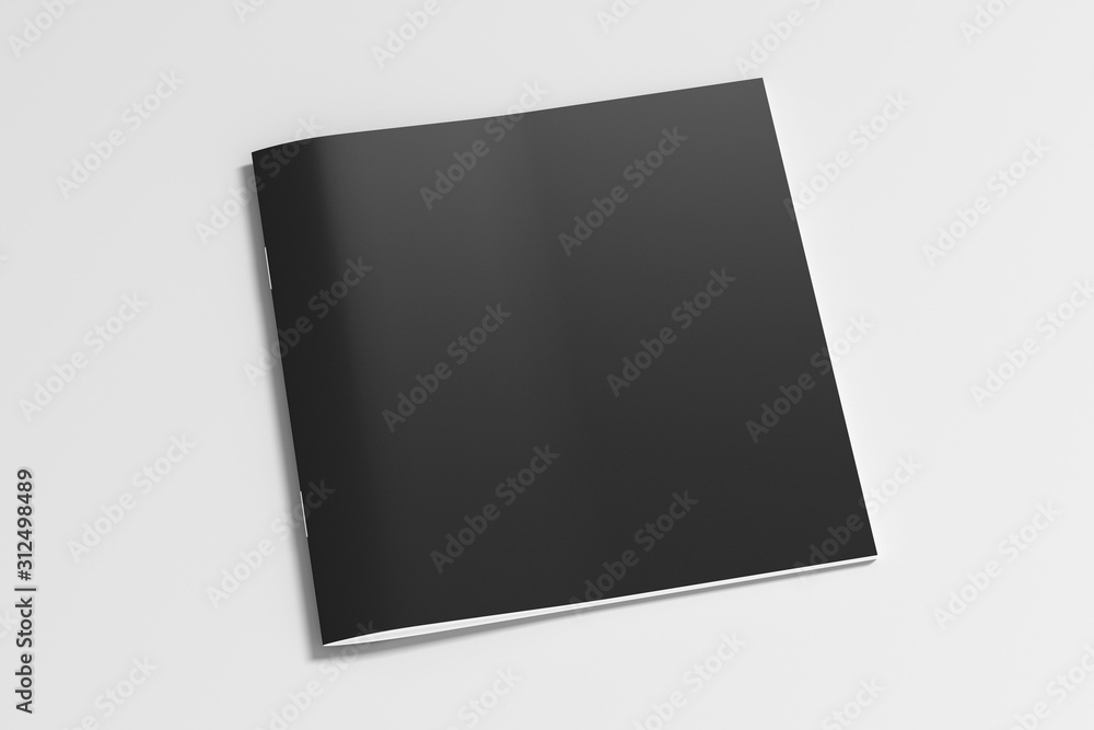Black square brochure or booklet cover mock up on white. Isolated with clipping path around brochure. Side view. 3d illustratuion Black square brochure or booklet cover mock up on white. Isolated with clipping path around brochure. Side view. 3d illustratuion