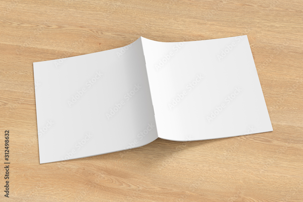Square brochure or booklet cover mock up on wooden background. Brochure is open and upside down. Isolated with clipping path around brochure. Side view. 3d illustratuion Square brochure or booklet cover mock up on wooden background. Brochure is open and upside down. Isolated with clipping path around brochure. Side view. 3d illustratuion