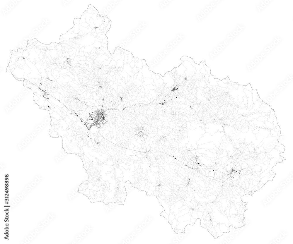 Satellite map of Province of Frosinone, towns and roads, buildings and connecting roads of surrounding areas. Lazio region, Italy. Map roads, ring roads