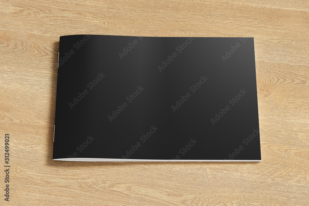 Black horizontal brochure or booklet cover mock up on wooden background. Isolated with clipping path around brochure. Front view. 3d illustratuion Black horizontal brochure or booklet cover mock up on wooden background. Isolated with clipping path around brochure. Front view. 3d illustratuion