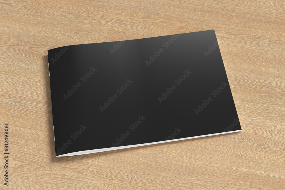 Black horizontal brochure or booklet cover mock up on wooden background. Isolated with clipping path around brochure. Side view. 3d illustratuion Black horizontal brochure or booklet cover mock up on wooden background. Isolated with clipping path around brochure. Side view. 3d illustratuion