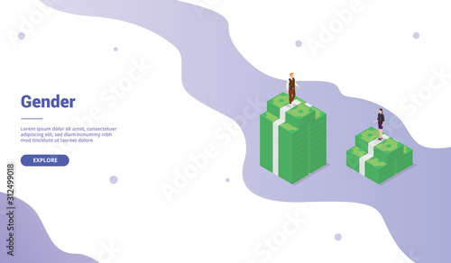 gender gap financial wages woman and man for website template or landing homepage with isometric style - vector