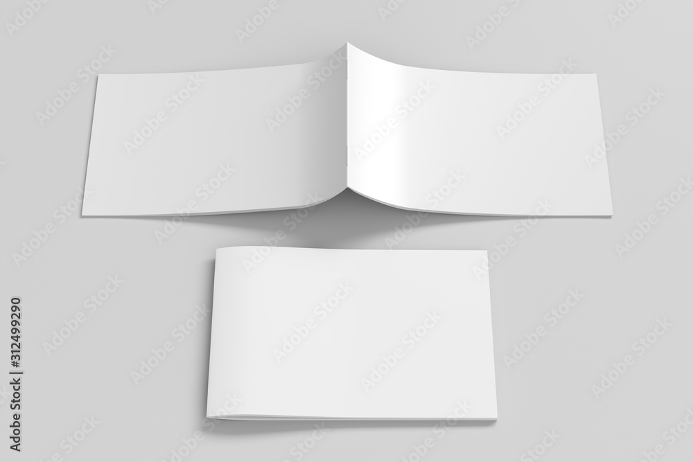 Horizontal brochure or booklet cover mock up on white. Closed one brochure and upside down other. Clipping path around brochure. Front view. 3d illustratuion Horizontal brochure or booklet cover mock up on white. Closed one brochure and upside down other. Clipping path around brochure. Front view. 3d illustratuion