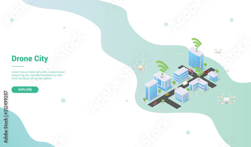 smart city with drone for website template or landing homepage with isometric style - vector
