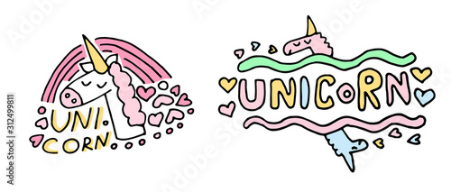 Childish Vector illustration with hand drawn unicorn with lettering.