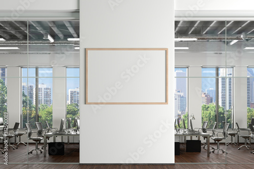 Blank horizontal poster mock up on the white wall in office interior. 3d illustration