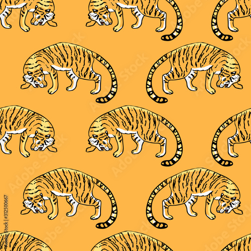 Roaring tigers, seamless pattern on orange background. Vector illustration. © koshkamurka