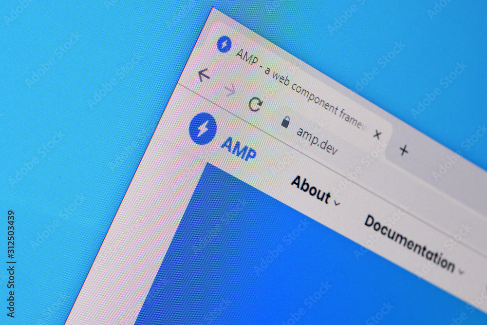 Homepage of amp website on the display of PC, url amp.dev. Stock