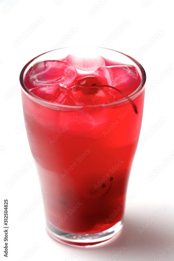 Drink with ice cubes and cherries on white background Drink with ice cubes and cherries on white background