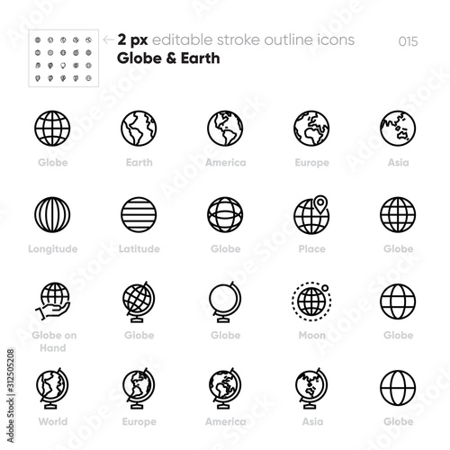 Earth Globe outline vector icons. World, Planet, Asia, Europe